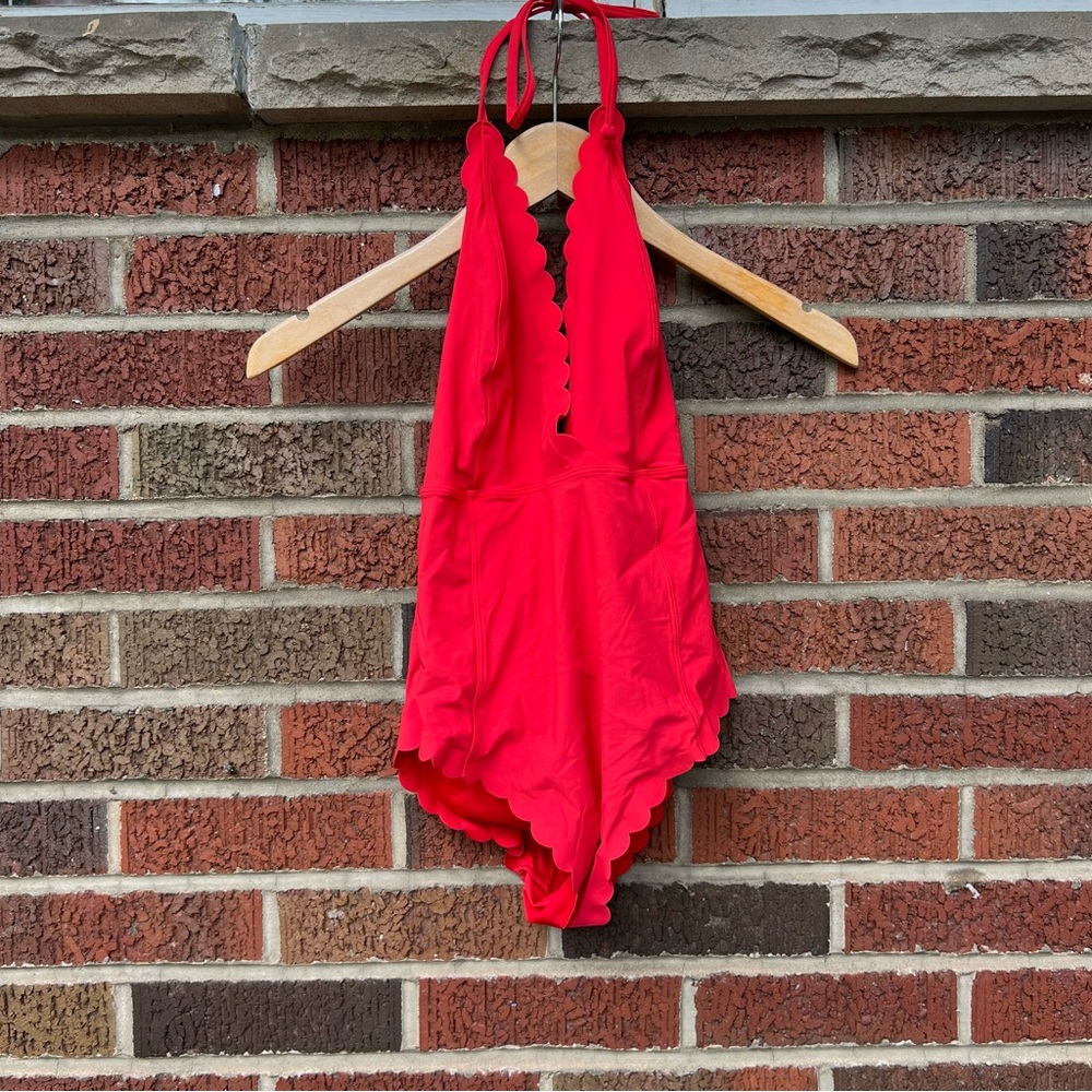 H&M Red Scalloped Hem Plunging Front Halter Neck One Piece Swim Suit